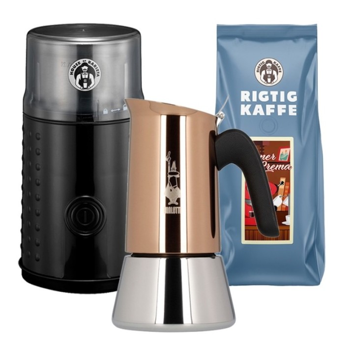 House of Barista kaffekvarn inkl. Bialetti New Venus espressobryggare för 4 koppar och 500 g supercrema