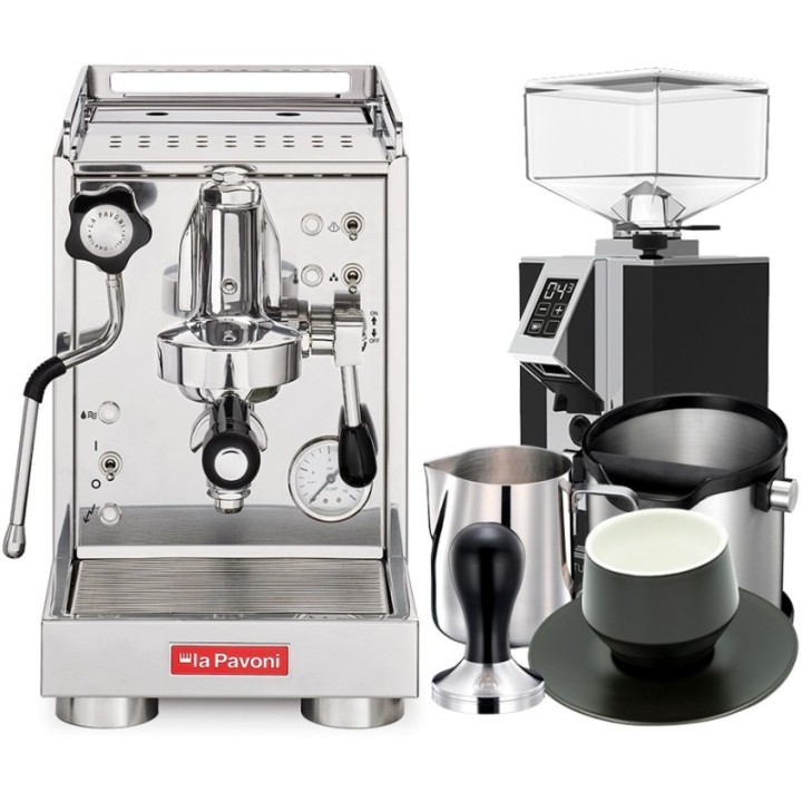 La Pavoni Mini Cellini LPSMCS01EU inkl. Eureka Mignon Turbo espressokvarn, baristautrustning & koppar