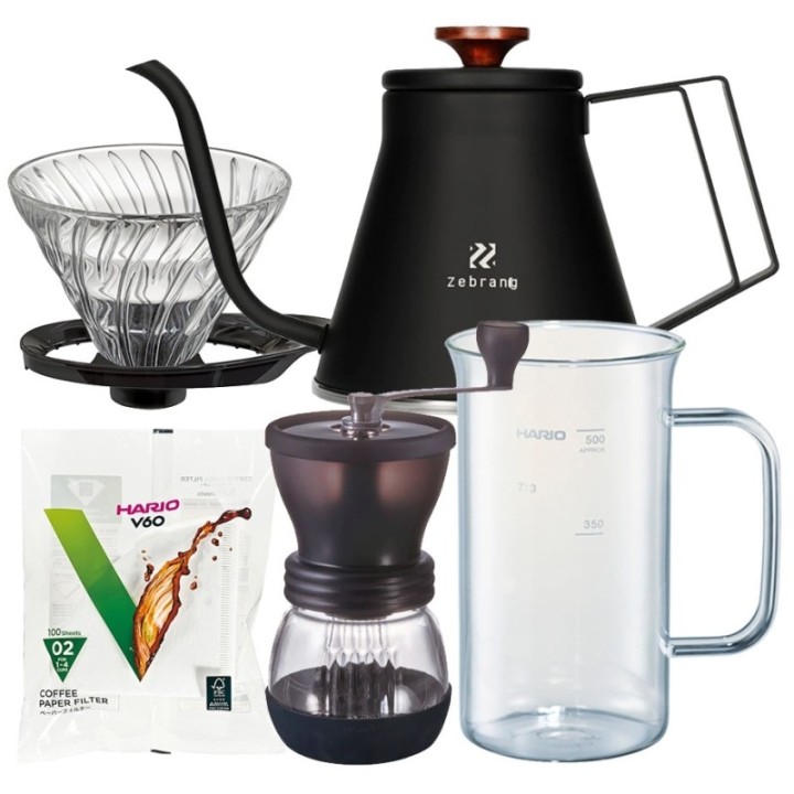 Hario Filterbryggset inkl. gooseneck-kittel, dripper för 2 koppar, serveringskanna, kaffekvarn & filter