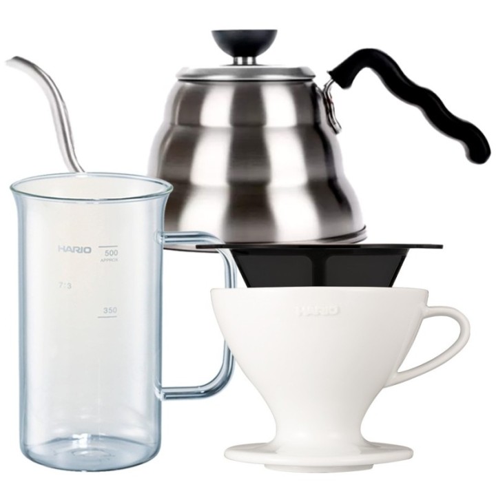 Hario filterbryggsats inkl. gooseneck-kanna, dripper för 2 koppar & serveringskanna