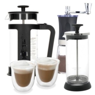 Bialetti 3-kopps stempelkanna inkl. kaffekvarn, mjölkskummare & glas