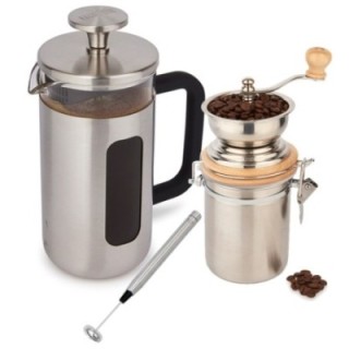 La Cafetière Pisa 3-kopps stempelkanna i rostfritt stål, kaffekvarn och mjölkskummare