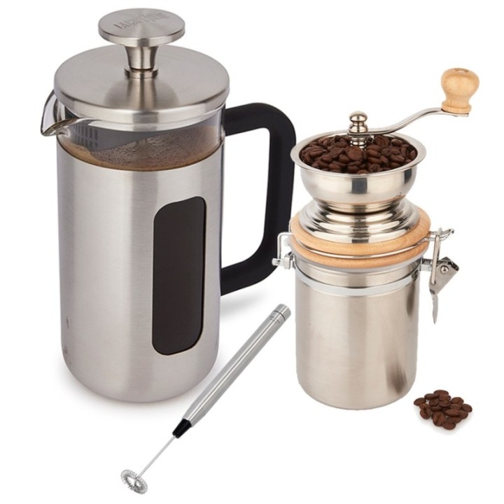 La Cafetière Pisa 3-kopps stempelkanna i rostfritt stål, kaffekvarn och mjölkskummare