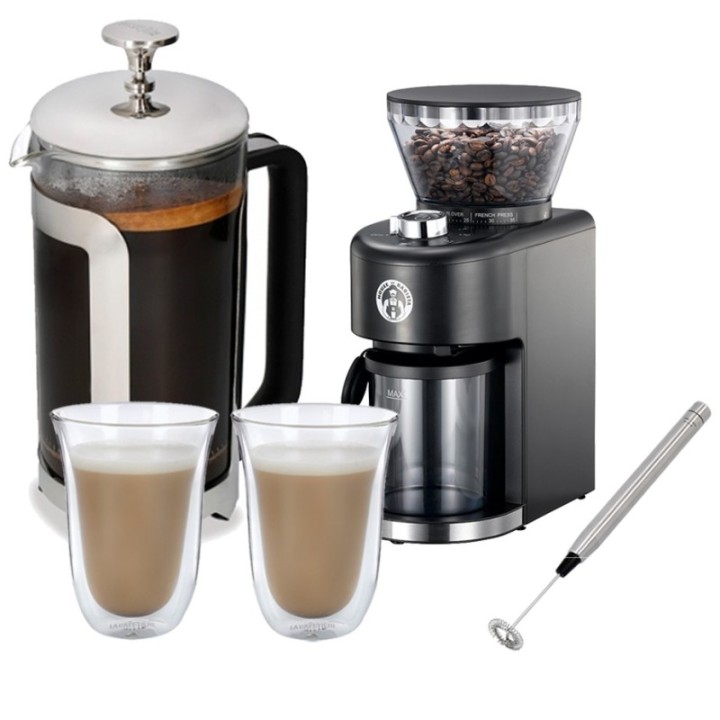 La Cafetière Roma 8 koppar. Stempelkanna i rostfritt stål, kaffekvarn, latteglas och mjölkskummare