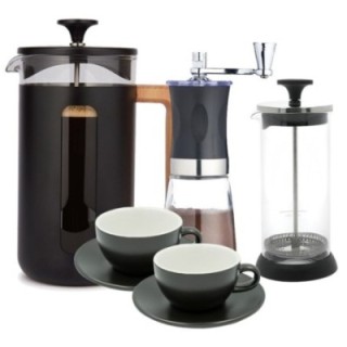 La Cafetière Pisa 3 koppar. Stempelkanna svart, kaffekvarn, mjölkskummare och Club House Tulipano Cappuccino-koppar