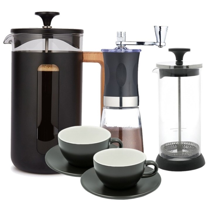 La Cafetière Pisa 3 koppar. Stempelkanna svart, kaffekvarn, mjölkskummare och Club House Tulipano Cappuccino-koppar