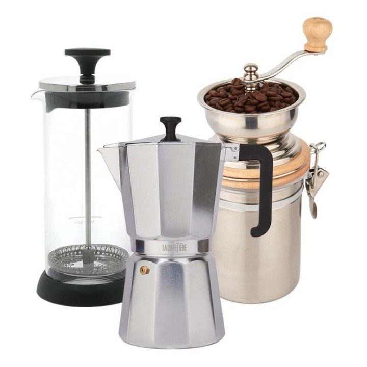 La Cafetière 6 koppar espressokanna inkl. kaffekvarn & mjölkskummare