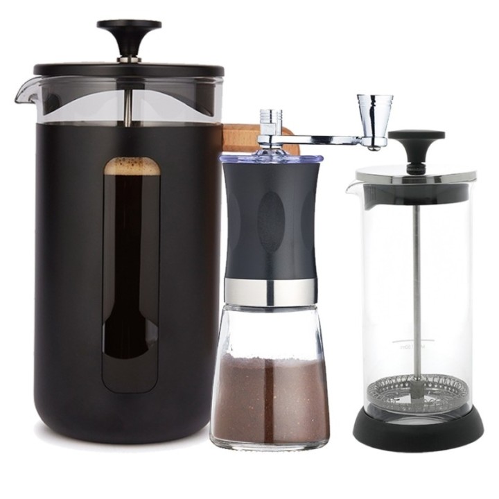 La Cafetière Pisa 8 koppar stempelkanna svart, mjölkskummare och kaffekvarn