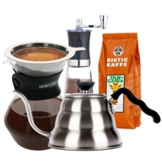 La Cafetière Pour Over 3 koppar, Hario V60-hällkanna, manuell kaffekvarn och 400 g hela kaffebönor