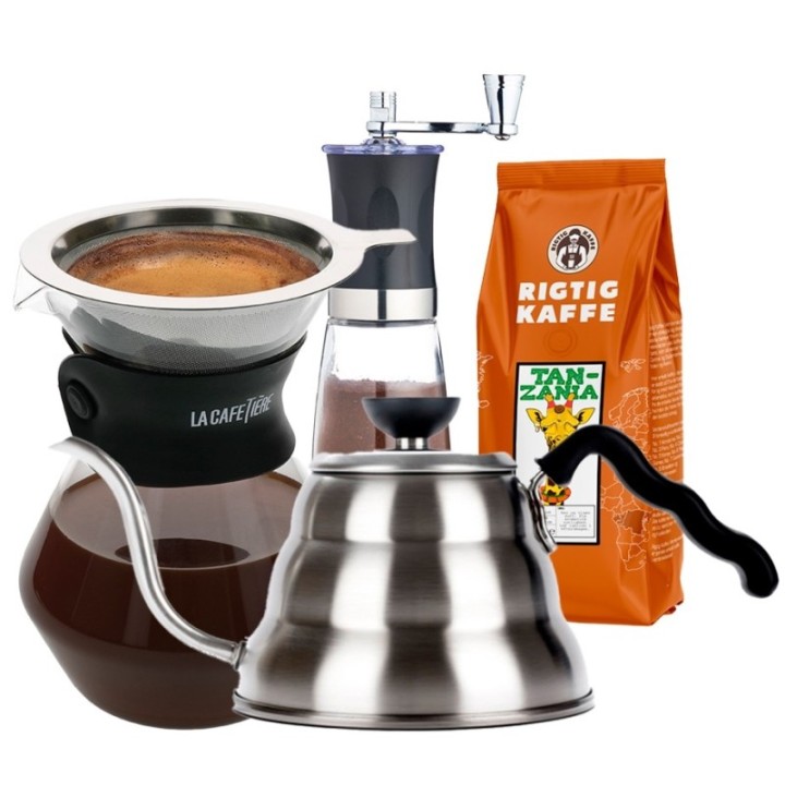 La Cafetière Pour Over 3 koppar, Hario V60-hällkanna, manuell kaffekvarn och 400 g hela kaffebönor