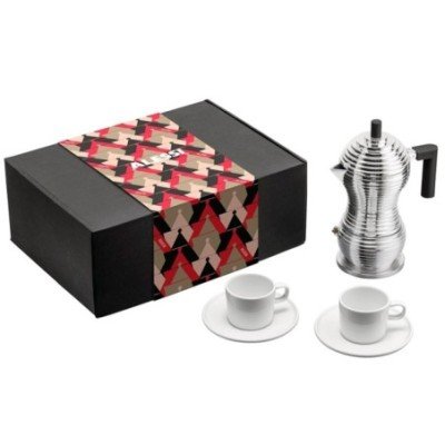 Alessi & Coffee Set inkl. Pulcina Induktion 3 koppar Espressokanna Svart & 2 Mokkakoppar