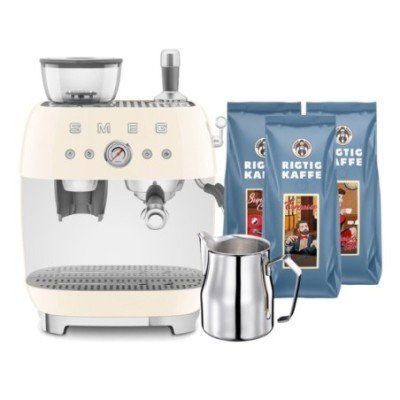 Smeg EGF03CREU Manuell espressomaskin med kvarn Creme inkl. mjölkkanna & 1,5 kg Rigtig Kaffe