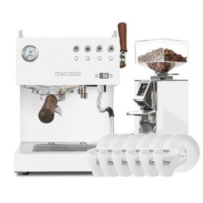 Ascaso Steel Duo Plus White Espressomaskin inkl. Eureka Mignon Libra Krom/Vit Kaffekvarn & Cappuccinokoppar
