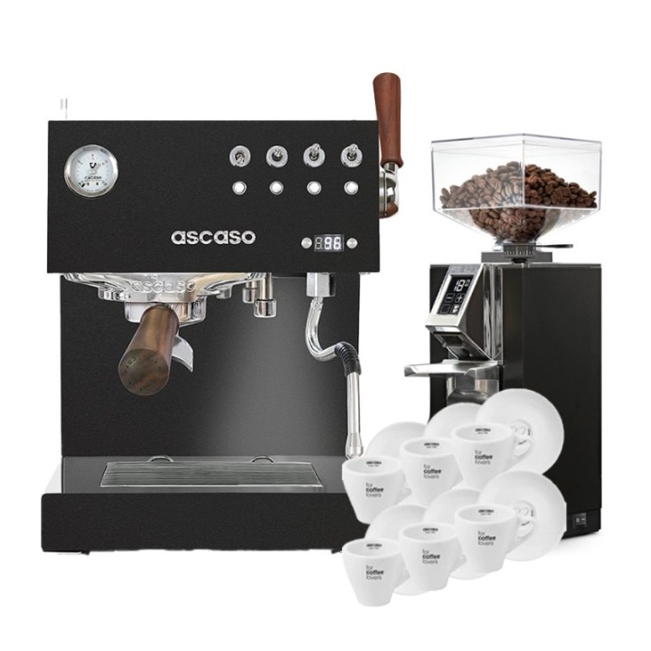 Ascaso Steel Duo Plus Black espressomaskin inkl. Eureka espressokvarn & cappuccinokoppar