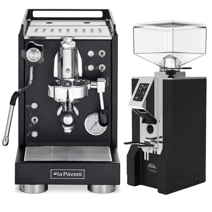 La Pavoni Mini Cellini Svart LPSMCB01EU Espressomaskin inkl. Eureka Mignon Turbo Krom/Svart Espressokvarn
