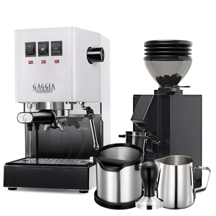 Gaggia Classic E24 Vit Espressomaskin inkl. Eureka Mignon Zero 55s Matt Svart Espressokvarn & Baristautrustning
