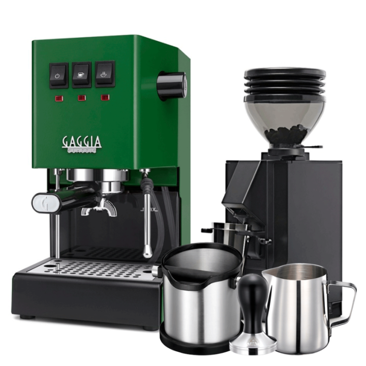 Gaggia Classic E24 Jungle Green Espressomaskin inkl. Eureka Mignon Zero 55s Matt Svart Espressokvarn & Baristautrustning