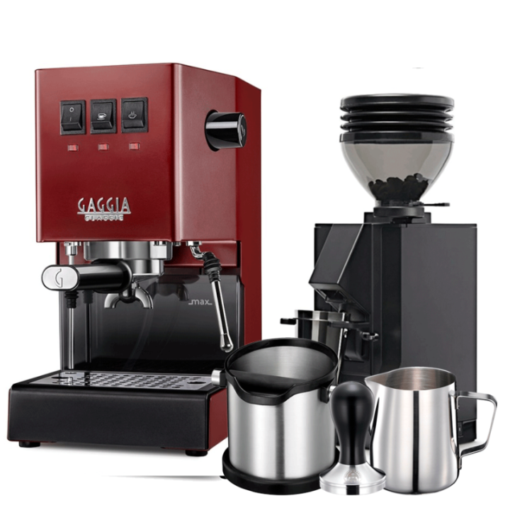 Gaggia Classic E24 Röd Espressomaskin inkl. Eureka Mignon Zero 55s Matt Svart Espressokvarn & Baristautrustning