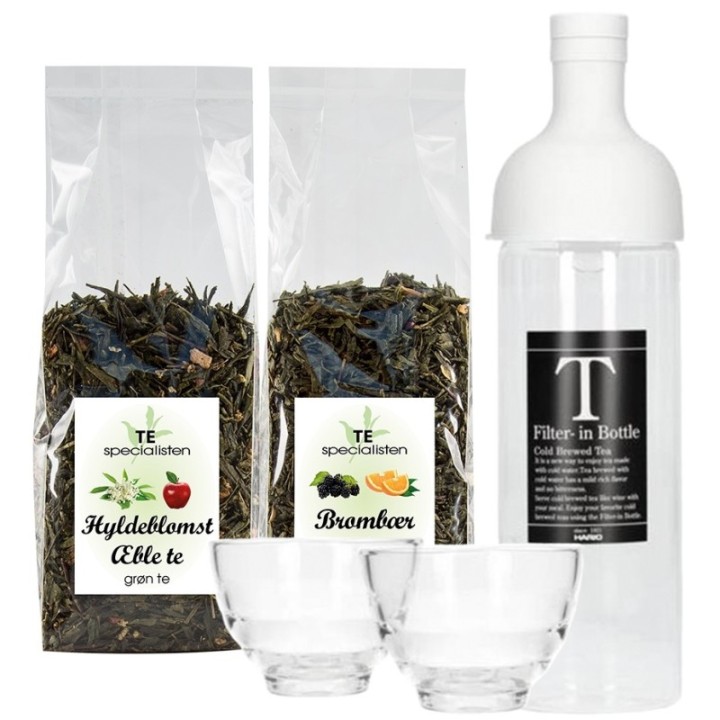 Hario Filter-In 0,75 L Istebryggare Ljusgrå med 2 glas Inkl. Grön Björnbär Apelsin Te & Grön Fläderblom Äpple Te 100g