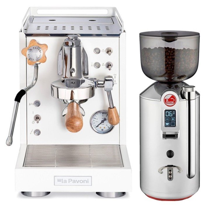 La Pavoni Mini Cellini Vit LPSMCW01EU Espressomaskin inkl. Prosumer Chrome LPGGRI01EU Espressokvarn