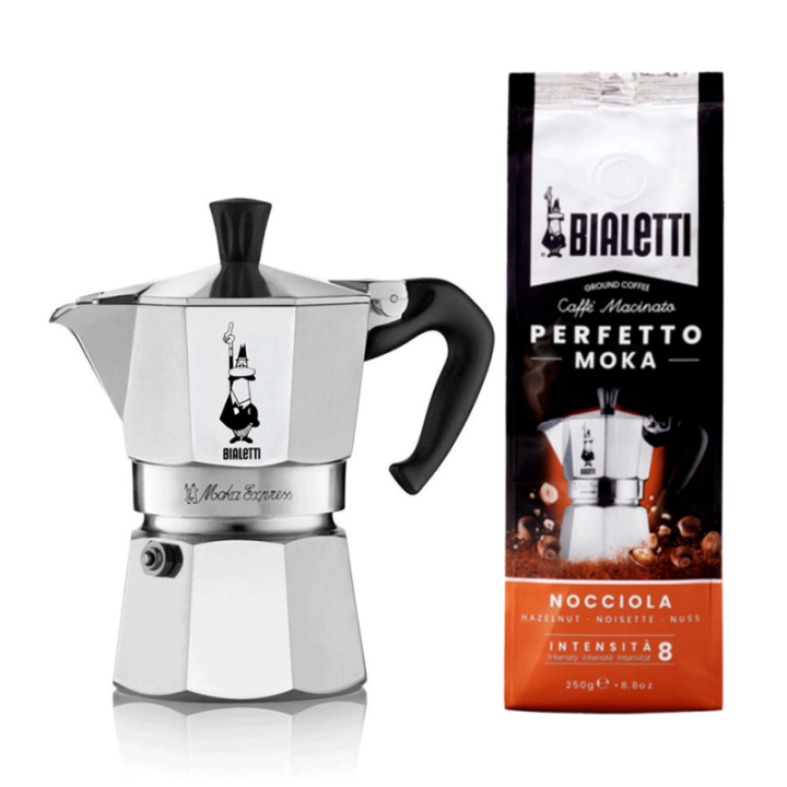 Bialetti Moka Express 4 koppar. Espressokanna Inkl. Nocciola 250 g malet kaffe