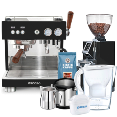 Ascaso Baby T Plus Svart Espressomaskin inkl. Eureka Mignon Libra 65 Kvarn, Baristautrustning, Vattenfilterkanna & 1kg Kaffe