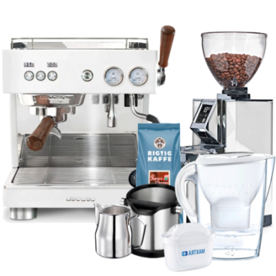 Ascaso Baby T Plus Vit Espressomaskin inkl. Eureka Mignon Libra 65 Kvarn, Baristautrustning, Vattenfilterkanna & 1 kg Kaffe