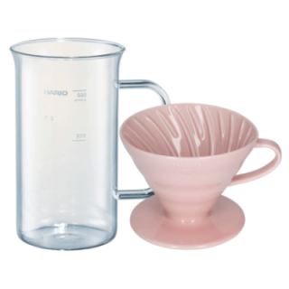 Hario Craft Science Beaker Server 50 cl inkl. Hario V60-02 keramisk dripper rosa 2 koppar.