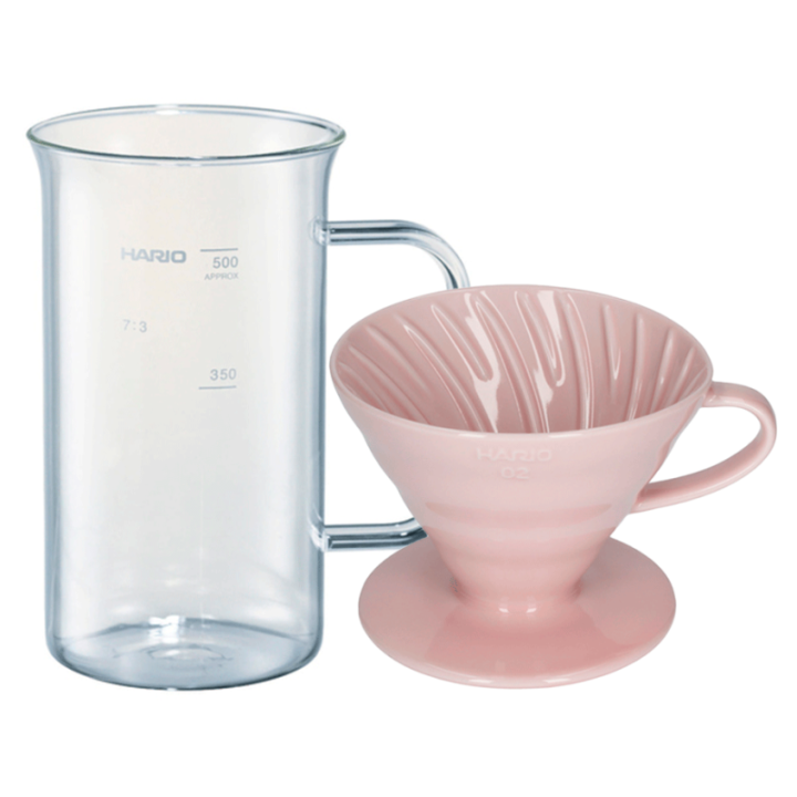 Hario Craft Science Beaker Server 50 cl inkl. Hario V60-02 keramisk dripper rosa 2 koppar.
