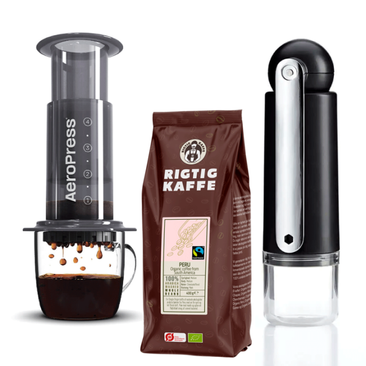 AeroPress Resebryggare Inkl. CrushGrind Colombia Resekvarn & 400g Rigtig Kaffe Ekologisk Peru
