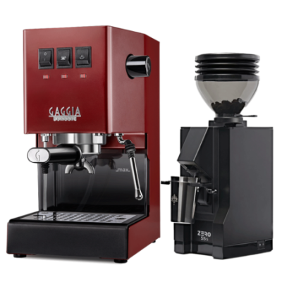 Gaggia Classic E24 Röd Espressomaskin inkl. Eureka Mignon Zero 55s Matt Svart Espressokvarn