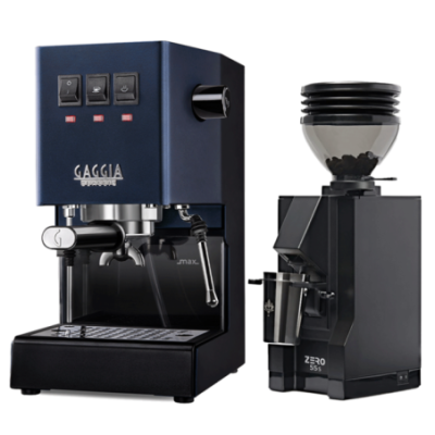 Gaggia Classic E24 Blå Espressomaskin inkl. Eureka Mignon Zero 55s Matt Svart Espressokvarn