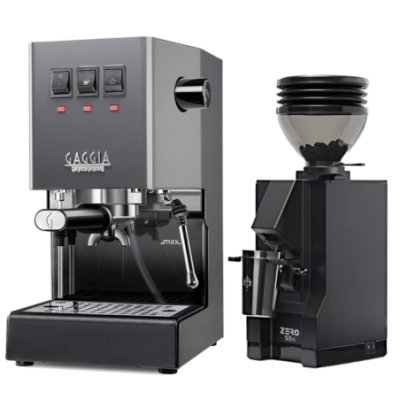 Gaggia Classic E24 Grå Espressomaskin inkl. Eureka Mignon Zero 55s Matt Svart Espressokvarn