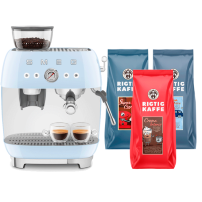 Smeg EGF03PBEU Manuell Espressomaskin med Kvarn Pastellblå inkl. Rigtig Kaffe Bestseller Mixpaket 3 kg Hela Kaffebönor