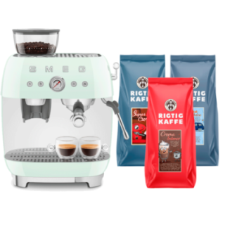 Smeg EGF03PGEU Manuel espressomaskine Inkl. Kværn Pastelgrøn & Rigtig Kaffe Bestseller Mixpakke 3kg Hele kaffebønner