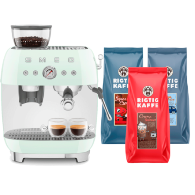 Smeg BCC01TPMEU Manuell espressomaskin med kvarn Creme inkl. Rigtig Kaffe Bestseller Mixpaket 3 kg hela kaffebönor
