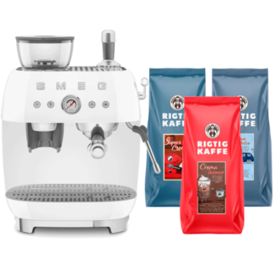 Smeg EGF03WHEU Manuell espressomaskin med integrerad kaffekvarn, vit & Rigtig Kaffe Bestseller Mixpaket 3 kg hela kaffebönor