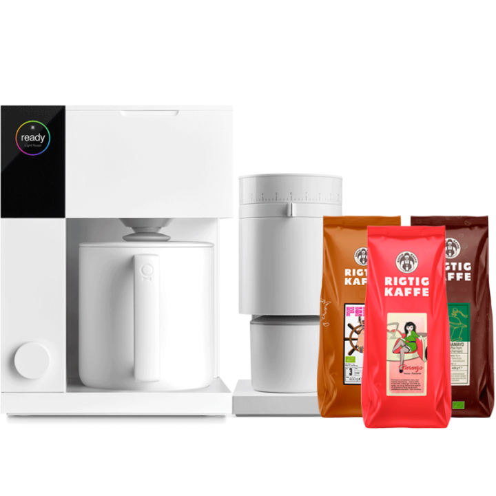 Fellow Aiden Filter Kaffemaskine Hvid Inkl. Fellow Opus Espressokværn Mat Hvid & 1,3 kg Rigtig Kaffe Hele kaffebønner