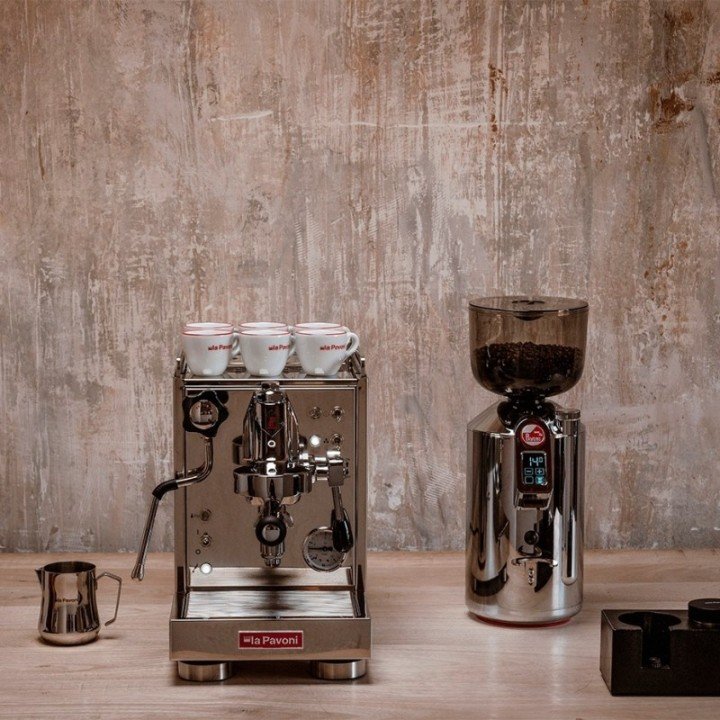 La Pavoni Mini Cellini LPSMCS01EU Espressomaskin inkl. La Pavoni Prosumer Chrome Espressokvarn