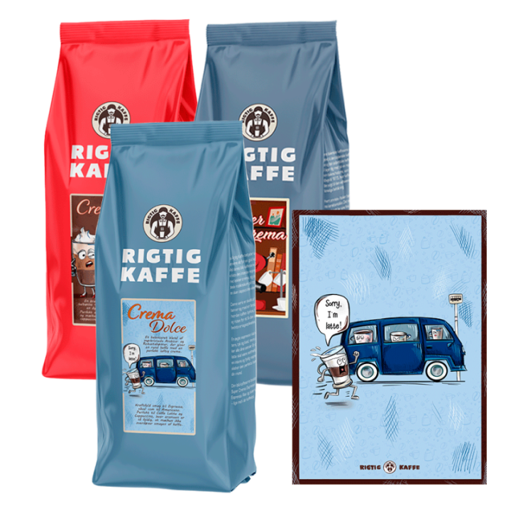 Rigtig Kaffe Bestsellers Mixpakke 3kg Hele kaffebønner Inkl. Kaffeplakat Rigtig Kaffe SORRY I'M LATTE 21x30cm
