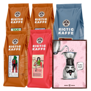 Rigtig Kaffe Mixpakke 2,7kg Hele kaffebønner Inkl. Kaffeplakat Rigtig Kaffe POUR OVER 21x30cm