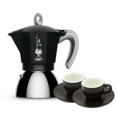 Bialetti Moka Induction 4 koppar Svart inkl. Club House Tulipano Espresso med Underkopp Matt Brun 7 cl 2 St
