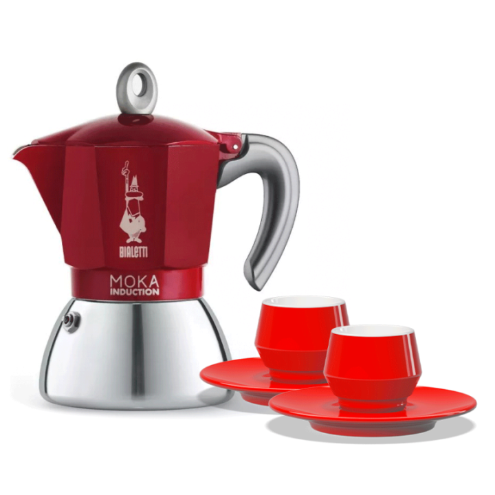 Bialetti Moka Induktion 6-koppars espressokanna röd inkl. Club House Maniko espresso med fat röd 7 cl 2 st