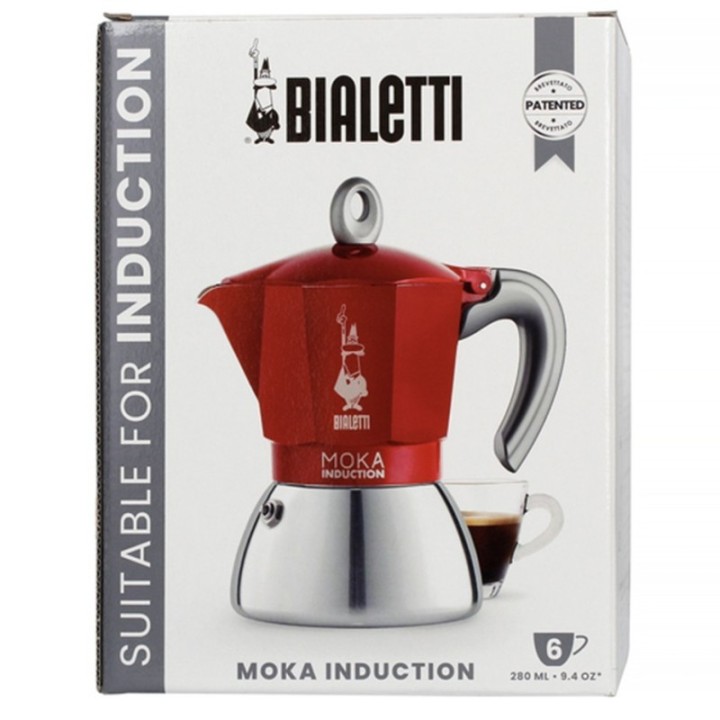 Bialetti Moka Induktion 6-koppars espressokanna röd inkl. Club House Maniko espresso med fat röd 7 cl 2 st