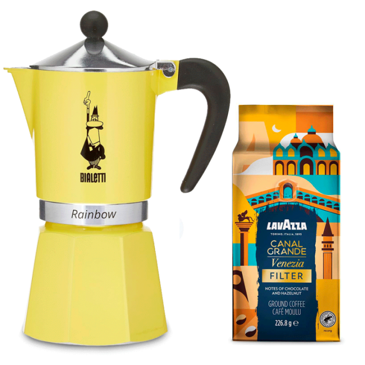 Bialetti Primavera Rainbow 6 Kop. Espressokande Gul Inkl. Lavazza Tales of Italy Canal Grande 226,8g Formalet kaffe