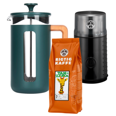 La Cafetière Pisa 8 koppar Presskanna Grön inkl. House of Barista Elektrisk Kaffekvarn & Rigtig Kaffe 400g Hela kaffebönor