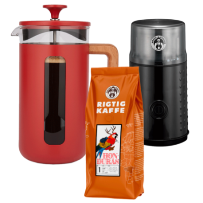 La Cafetière Pisa 8 koppar Kaffepress Röd inkl. House of Barista Elektrisk Kaffekvarn & Rigtig Kaffe Honduras No. 1 - 400g