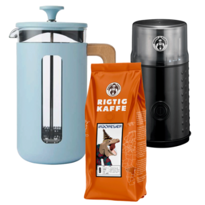 La Cafetière Pisa 8 koppar Presskanna Himmelblå inkl. House of Barista Elektrisk Kaffekvarn & 400g Rigtig Kaffe