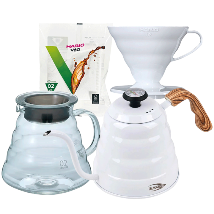 IKAPE Pour Over Kedel med Termometer 1,2 L Hvid Inkl. Hario V60 Range Server 60 cl, V60 Dripper Hvid 2 Kop. & Filtre