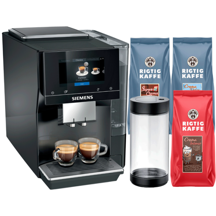 Siemens TP713R19 EQ700 Classic Piano Black Espressomaskin Inkl. Mjölkbehållare Glas & Rigtig Kaffe Mix Pack 3kg Hela Kaffebönor